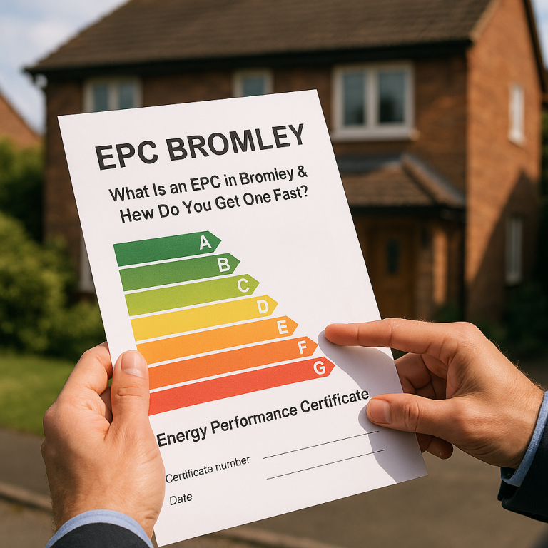 Local EPC assessor in Bromley holding a printed Energy Performance Certificate in front of a residential home, showcasing same-day EPC services.