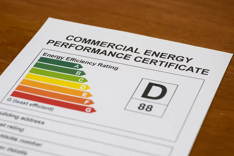 Close-up of a Commercial Energy Performance Certificate (EPC) showing a D energy rating on a wooden desk.