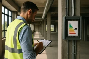 Assessor inspecting a commercial building during an EPC survey