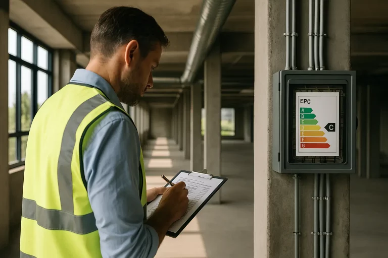Assessor inspecting a commercial building during an EPC survey