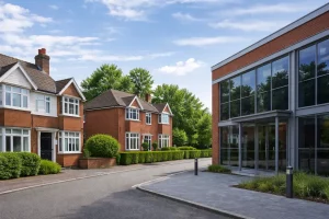 Residential homes and modern commercial building in the UK