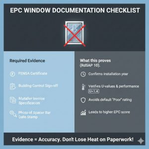 Checklist of evidence for RdSAP 10 EPC window ratings: FENSA certificates, Building Control sign-off, and installer invoices