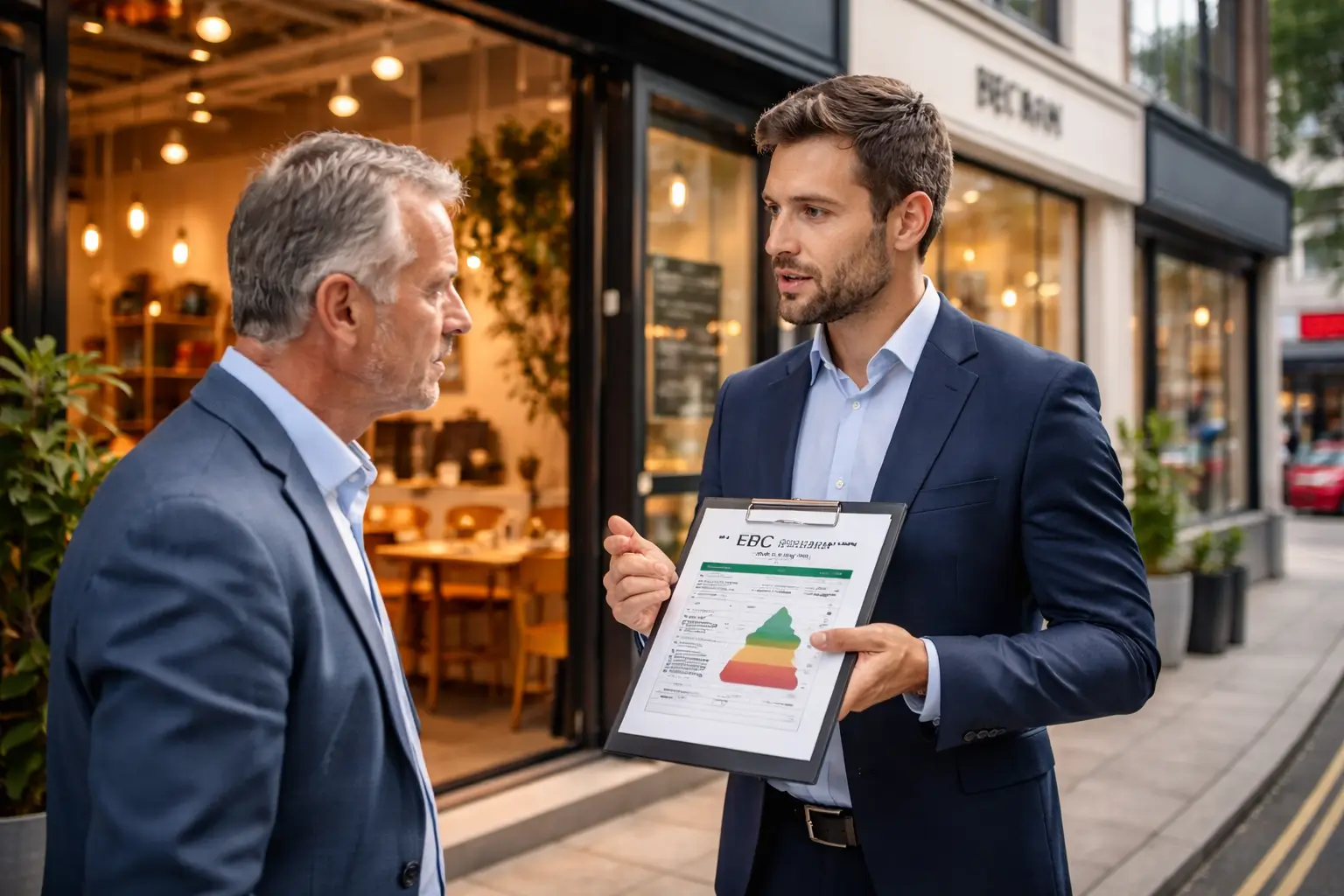 business owner discussing expired commercial EPC outside retail property in London