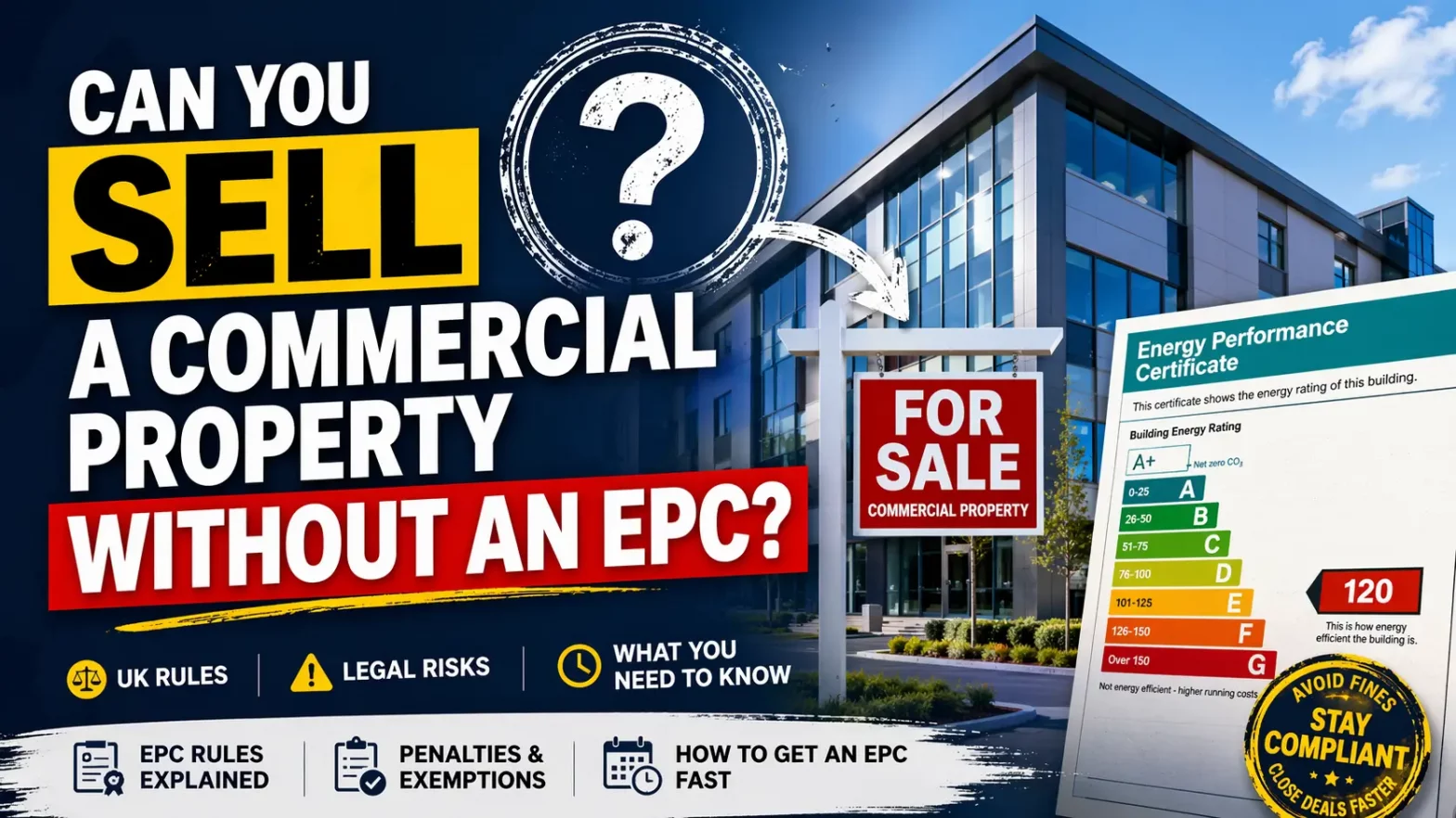For sale sign outside modern commercial building with EPC certificate graphic explaining UK rules for selling without an EPC