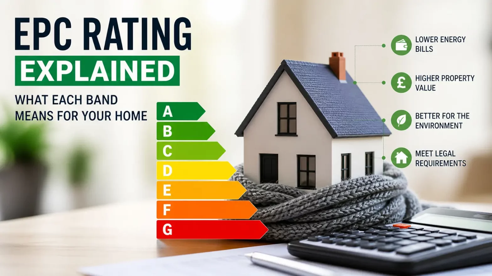 EPC rating chart A to G next to model house showing energy efficiency and costs