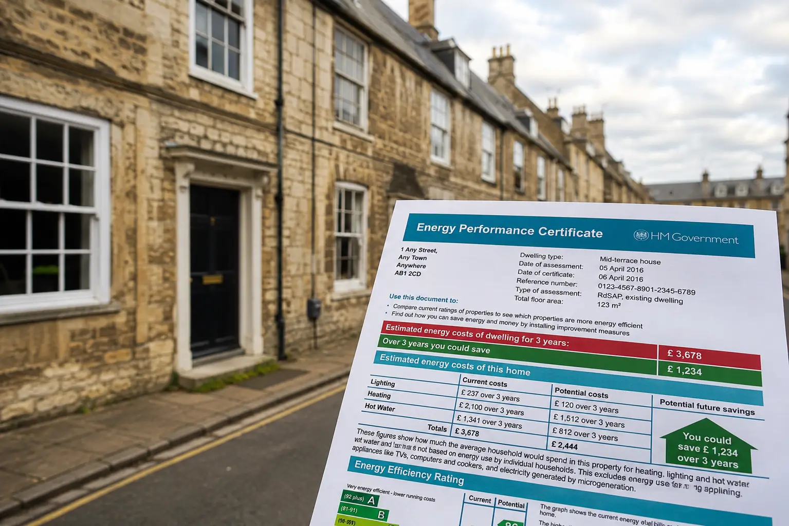 Energy Performance Certificate held outside a row of listed historic properties in the UK
