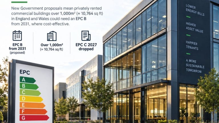 Large commercial building illustrating proposed EPC B rules for properties over 1,000 square metres from 2031