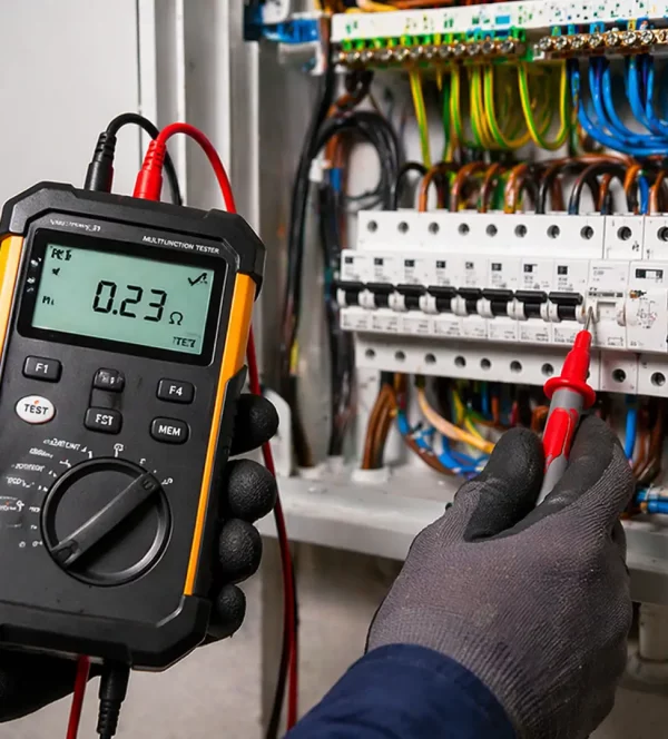 Electrical inspection testing of consumer unit with tester during EICR