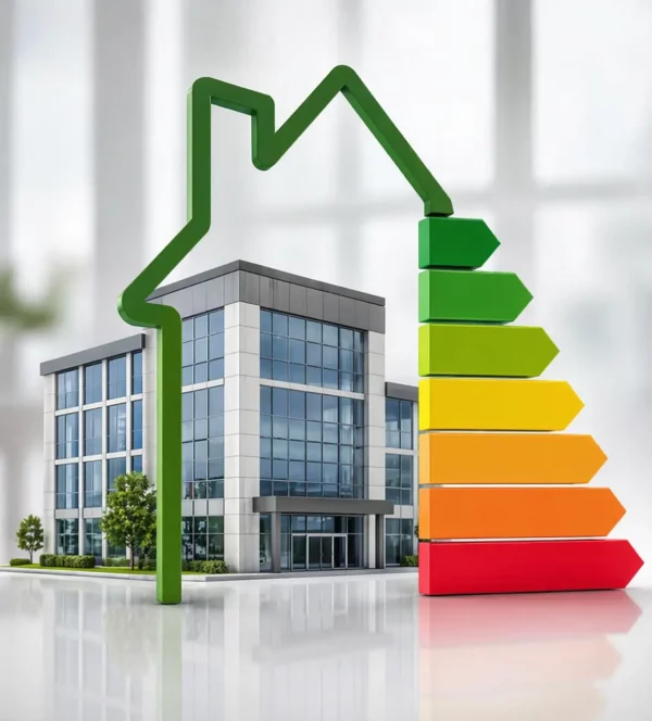 Commercial EPC energy rating scale beside modern office building