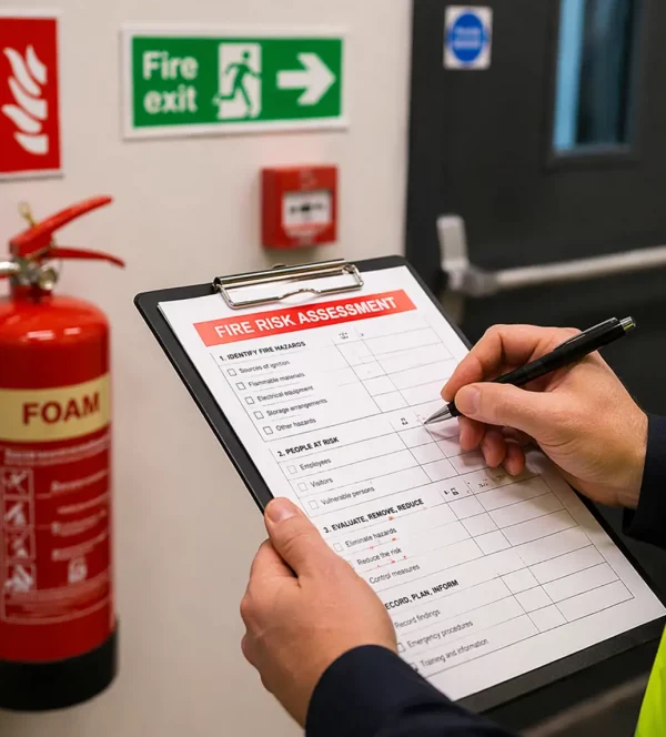 Fire risk assessment inspection with clipboard and fire safety equipment